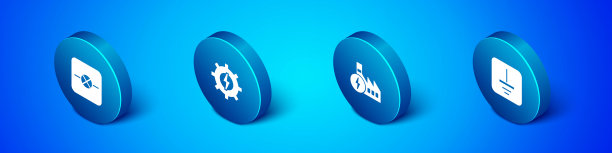 在电子线路、核电站、电气符号地面、齿轮和闪电图标中设置等距灯。向量图片下载