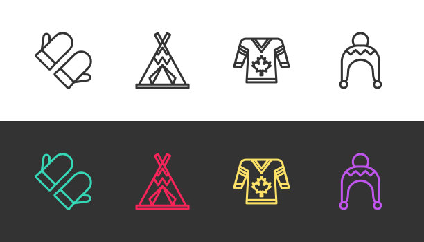 设置线圣诞手套，印第安印第安帐篷或棚屋，曲棍球运动衫和冬季帽在黑色和白色。向量图片下载