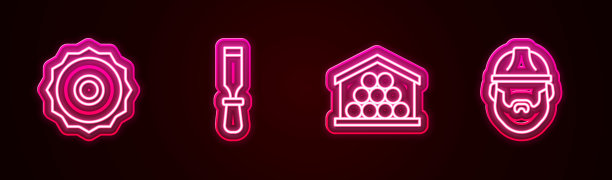 集线圆锯片，凿子工具，原木和伐木工。发光的霓虹灯图标。向量图片下载