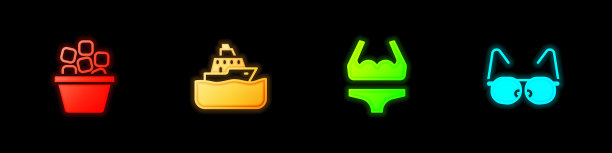 集冰桶，游轮，泳衣和眼镜图标。向量图片下载