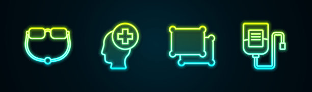 固定线眼镜，男头带医院，枕头和静脉输液袋。发光的霓虹灯图标。向量图片下载