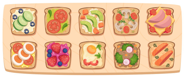 三明治。健康的天然产品的早餐零食精确矢量图片的顶视图食品图片下载