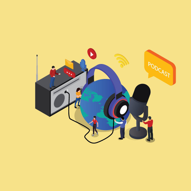 旧收音机和现代音频播客三维等距图片下载