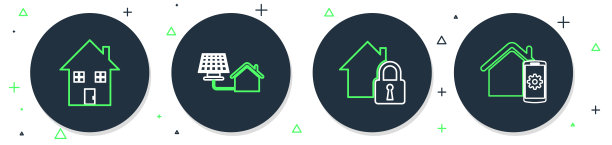 设置线房屋与太阳能电池板，在保护下，智能家居远程控制系统图标。向量图片下载