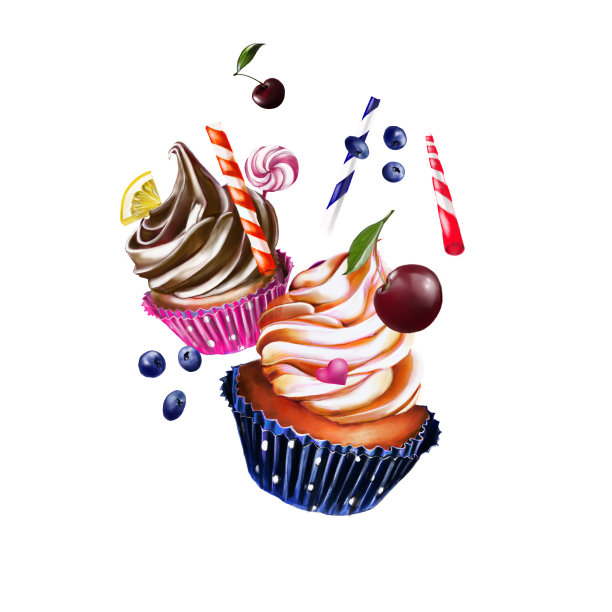 纸杯蛋糕，两个奶油蛋糕，用饼干和树叶，浆果装饰图片下载