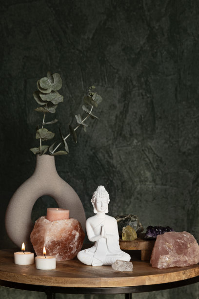 佛像，喜马拉雅岩盐烛台和宝石。平衡和平静的能量流动在家里，净化空气，减少压力水平的概念图片下载