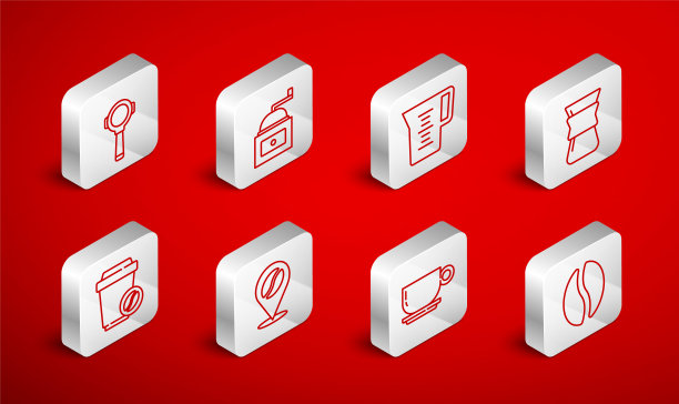 设置线咖啡豆，手动咖啡研磨机，水壶玻璃与水，倒在制造商，杯子，过滤器支架，位置和去图标。向量图片下载