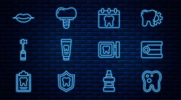 设置线龋齿，假牙模型，日历牙，牙膏管，牙刷，微笑的嘴唇，牙科诊所的位置和种植图标。向量图片下载