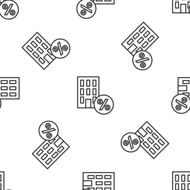 灰线房子与百分之折扣标签图标隔离无缝图案在白色背景上。房地产置业。信用百分比符号。向量图片下载