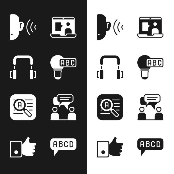 集创意灯灯意念，耳机，耳听声信号，外语在线学习，翻译，两位坐着说话的人，字母和手像图标。向量图片下载