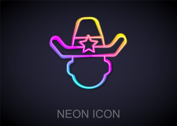 发光的霓虹线警长牛仔帽与星徽章图标孤立的黑色背景。警察。向量图片下载