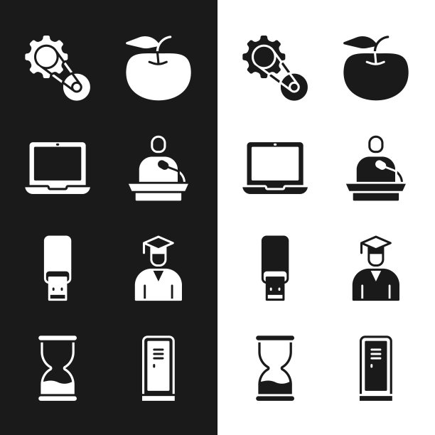 集讲座，笔记本电脑，定时带套件，苹果，USB闪存驱动器，毕业生和毕业帽，储物柜或更衣室和旧沙漏图标。向量图片下载