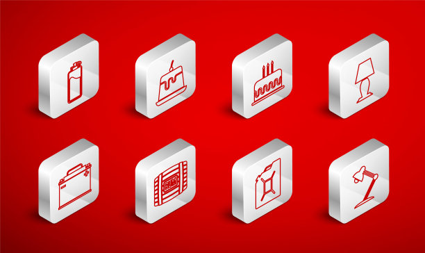 集线台灯，布丁蛋奶，蛋糕与燃烧的蜡烛，罐汽油，运动瓶水，木桶朗姆酒和汽车电池图标。向量图片下载