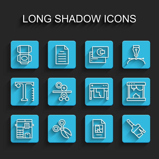 复印机，剪刀，纸箱，文件文件，油漆刷，印刷机纸卷，3D打印机和绘图仪图标。向量图片下载