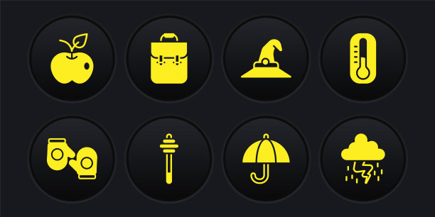 设置圣诞手套，温度计，蜂蜜蘸棒，雨伞，女巫帽，学校背包，风暴和苹果图标。向量图片下载