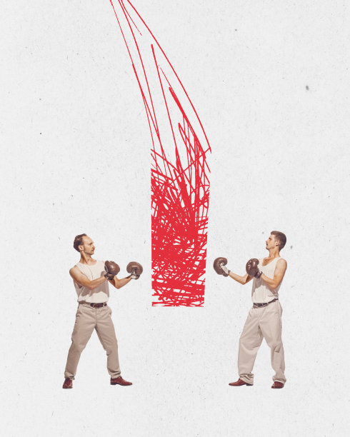 当代艺术拼贴。男士们，朋友们穿着复古的衣服，戴着拳击皮手套打打打打。有趣的谈话图片下载