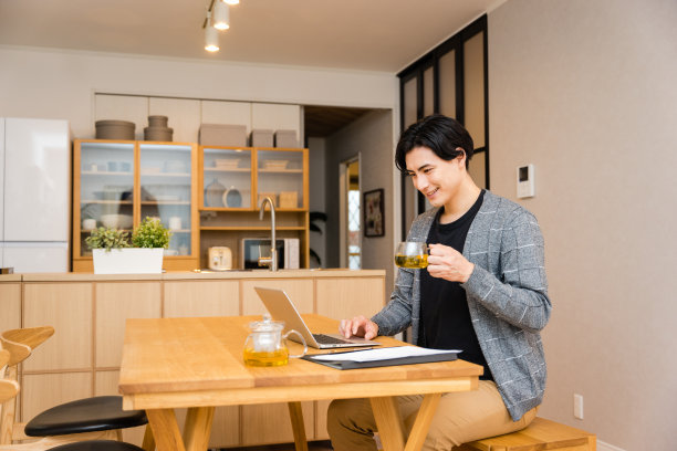 在家里用笔记本电脑工作的30多岁的男性在家工作图片下载