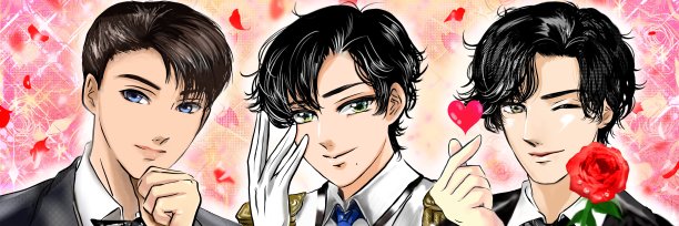 漫画风格的大尺寸黑头发烫发插图-英俊的男孩带着一个眨眼和温柔的微笑，一只手拿着一朵红玫瑰。图片下载