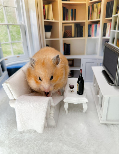 可爱的叙利亚仓鼠在舒适的客厅里放松，有零食和红酒图片下载