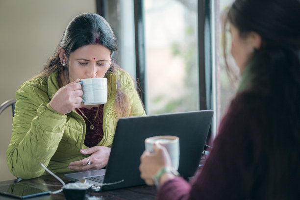 商务女性在会议期间面对面地坐在笔记本电脑前。图片下载