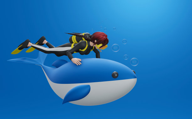 和鲸鱼一起游泳。在深蓝色的海洋中，鲸鱼在水下接近一名戴水肺的潜水员，类似于攻击，但没有攻击性。图片下载