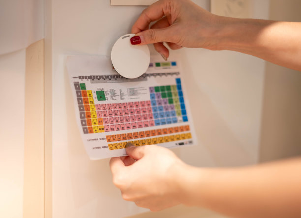 女士用手将元素纸贴在磁板上，提醒重要事项。图片下载