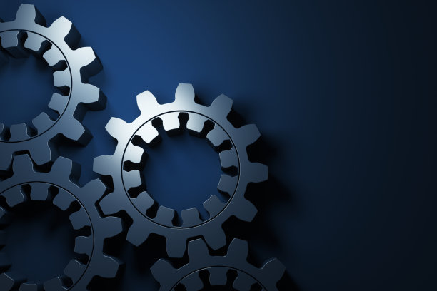 金属齿轮在蓝色背景上的特写。3d渲染图。图片下载