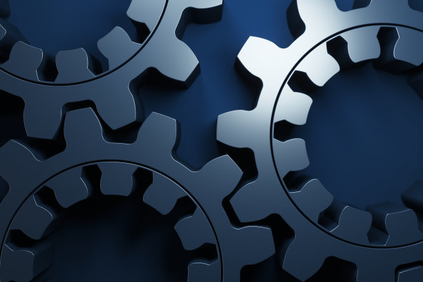 金属齿轮在蓝色背景上的特写。3d渲染图。图片下载