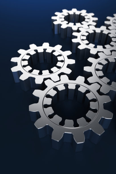 金属齿轮在蓝色背景上的特写。3d渲染图。图片下载