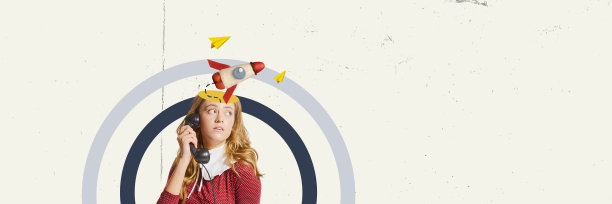 年轻女子，办公室职员，打电话，做新项目。启动，成长。当代艺术拼贴。图片下载