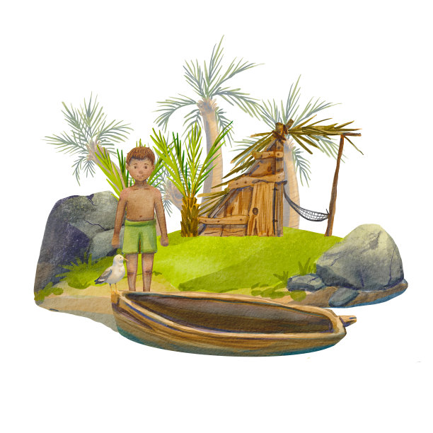 荒岛上的男孩。热带岛屿与棕榈树的水彩画插图。把房子从树枝上拆下来。岛集合。动画风格。适合做衣服、卡片。图片下载