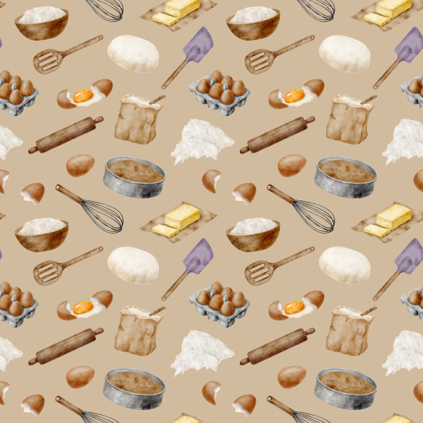 水彩烘烤配料和器皿无缝图案。手绘面粉，鸡蛋，黄油，打蛋器，面团在棕色背景。新鲜产品背景。糕点食品，厨房工具设计。图片下载