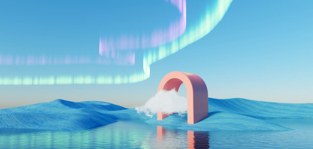 超现实的粉彩景观背景与几何形状，抽象梦幻的沙漠沙丘在调味景观与拱门，全景，未来的场景与复制空间，蓝天和多云图片下载