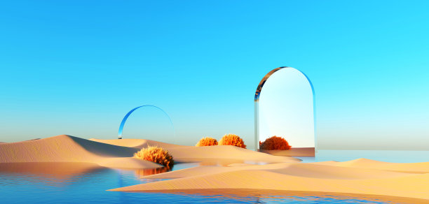 超现实的粉彩景观背景与几何形状，抽象梦幻的沙漠沙丘在调味景观与拱门，全景，未来的场景与复制空间，蓝天和多云图片下载