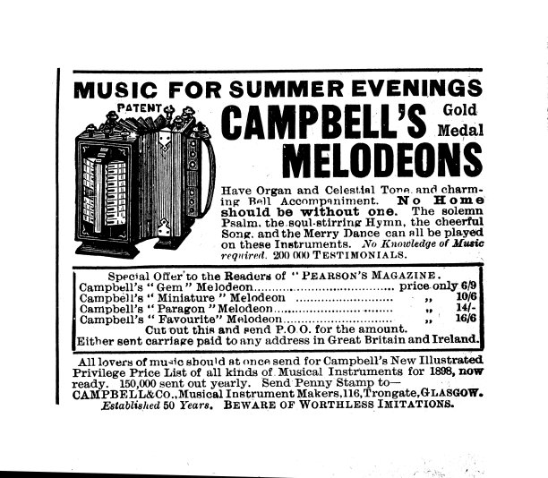 维多利亚时代的广告Campbell's melodeon;Tromgate格拉斯哥;1898年皮尔森杂志图片下载