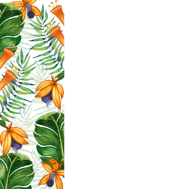 白色背景上的热带绿叶和橙色花朵的框架。所有元素都是手绘的水彩画。适用于织物，纸张，剪贴簿和工艺品上的印刷图片下载