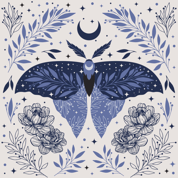 神奇的蓝色月亮蝴蝶盛开的星空空间和草药波西米亚图形打印。图片下载