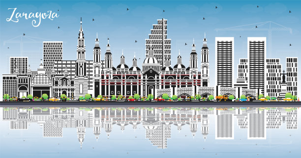 萨拉戈萨西班牙城市天际线与彩色建筑，蓝天和反射。矢量插图。萨拉戈萨城市景观与地标。图片下载