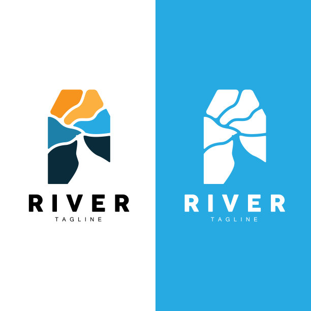 河流标志，流光矢量，河岸，山脉和农场设计，插图符号图标图片下载