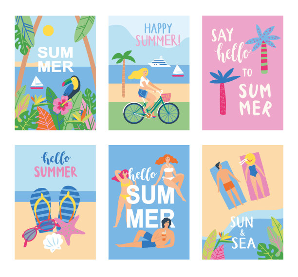 你好，夏季卡组。可爱的卡通设计在现代平面风格。矢量插图。图片下载