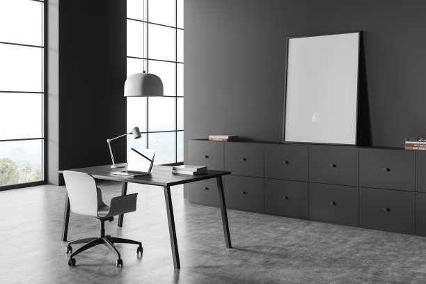灰色办公室梳妆台上的海报图片下载