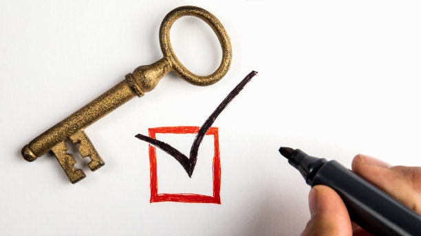 白色背景上的检查标记和金钥匙图片下载