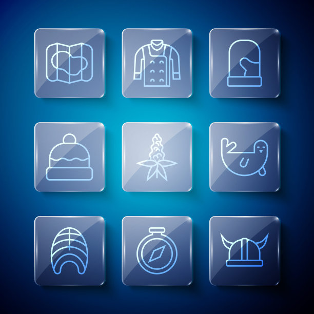 集线鱼牛排，指南针，海盗在有角的头盔，圣诞手套，羽绒花，豆帽，冰岛地图和毛皮海豹动物图标。向量图片下载