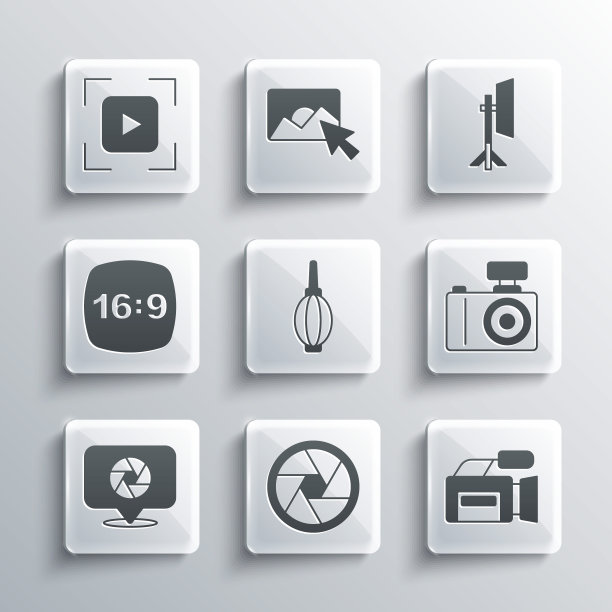 设置相机快门，电影相机，照片，风机，16帧，对焦线和工作室灯泡软箱图标。向量图片下载