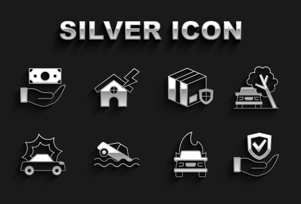 设定洪水汽车，汽车被倒下的树损坏，手拿盾牌，燃烧，事故，用盾牌交付安全，金钱和房子闪电图标。向量图片下载