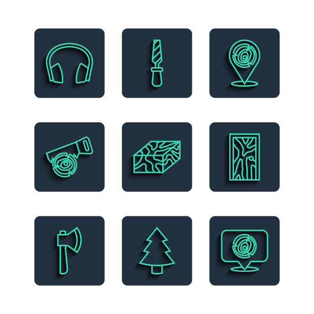 设置线木斧，圣诞树，原木，横梁，手锯和，耳机和关门图标。向量图片下载