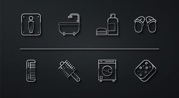 设置线男厕，发刷，人字拖，洗衣机，浴缸，海绵和洗发水的瓶子图标。向量图片下载
