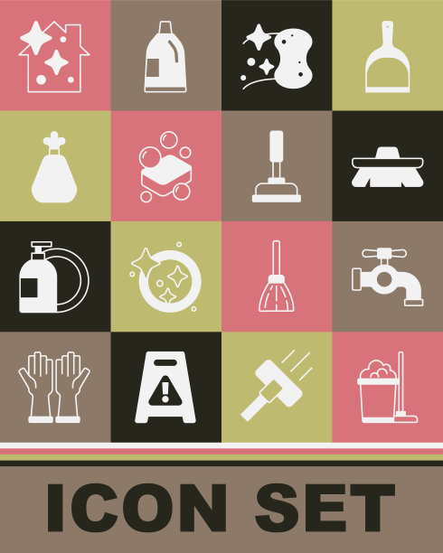 设置拖把和水桶，水龙头，清洁刷，海绵，肥皂条，垃圾袋，家庭服务和橡胶柱塞图标。向量图片下载