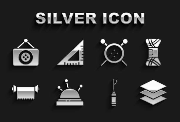 采购产品集针床和针，纱线，层服装纺织品，锥子工具，纺织织物卷，缝纫纽扣编织，裁缝店和三角形尺子图标。向量图片下载