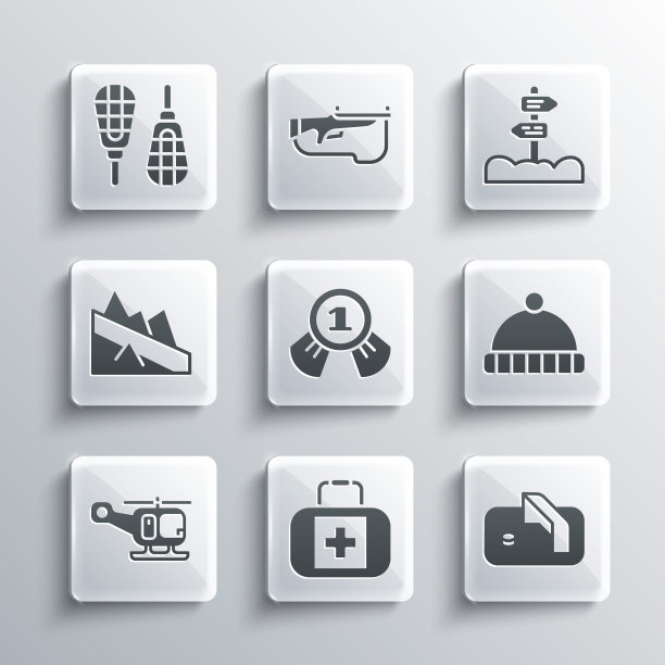 设置急救箱，冰球球，冬帽，奖章，救援直升机，下山，雪鞋和道路交通路标图标。向量图片下载